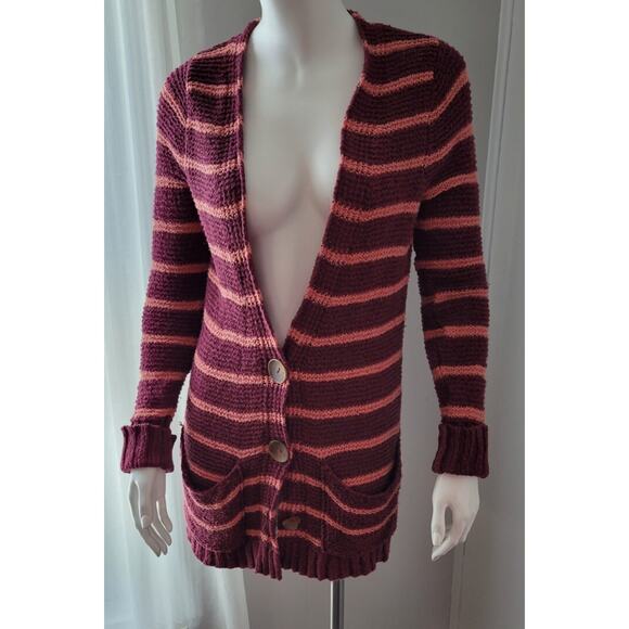 Free People Sz. XS Sweater Striped Cardigan Lightweight Big Button Pockets Long - Picture 14 of 16